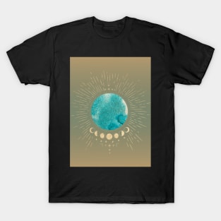 Gold and Blue Earth and Moon Cycle Graphic T-Shirt